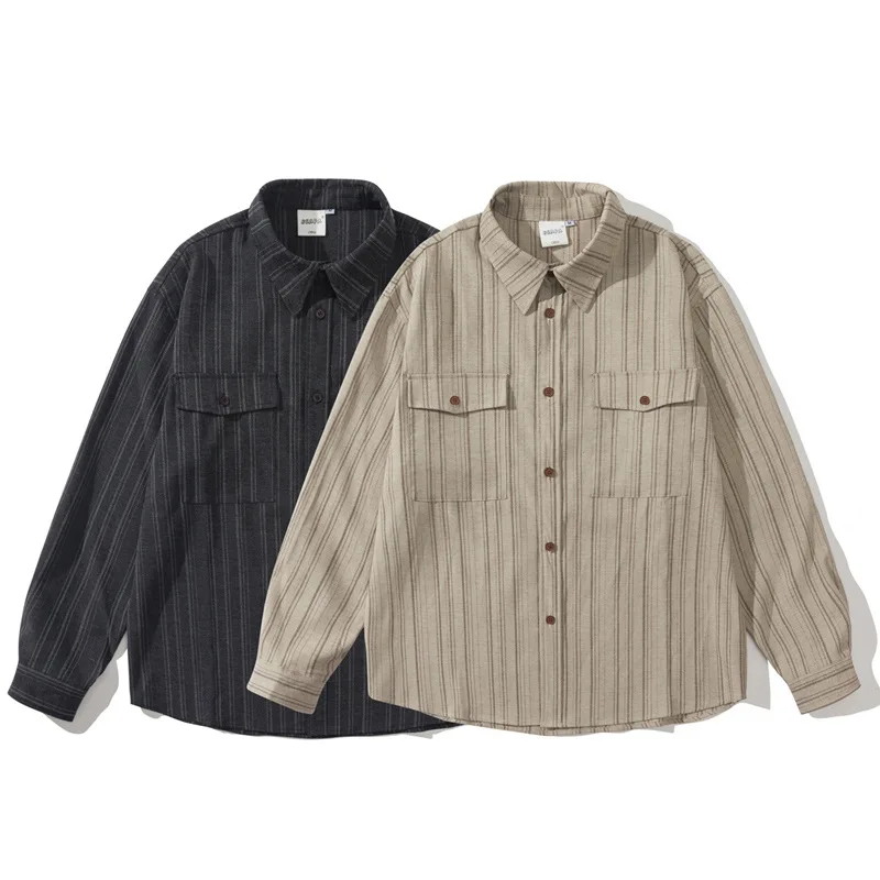 

Loose Fit Vintage Workwear irt Long Sve Color Woven Stripes ex y Sle Casual irt Polyester Blend Fabric