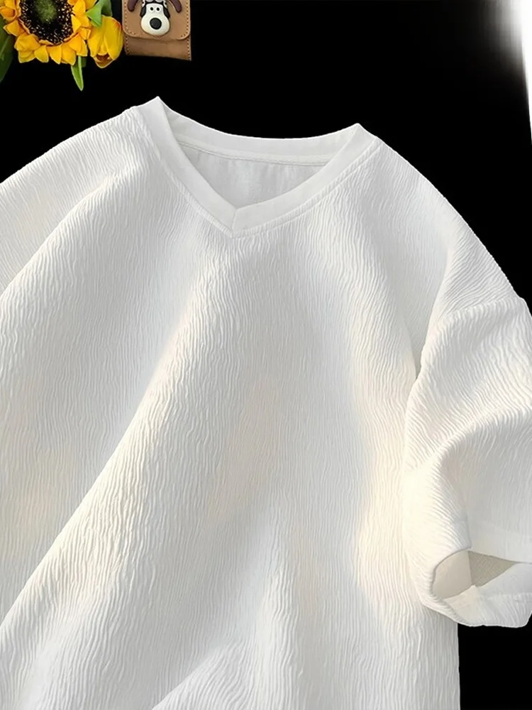 

Textured V-Ne Ice Silk ort Sve T-irt Men's Summer High-End Casual f-Sve Qui-Drng Faion Brand T-irt