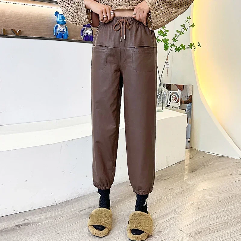 Tajiyane Real Sheepskin Harem Pants Women Genuine Leather Pants Korean Style Leather Trousers Women Streetwear Pantalons Femmes