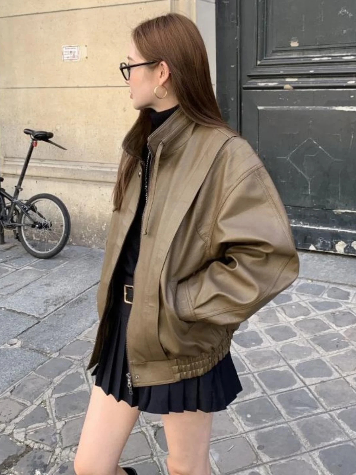 Jaet in pelle PU opaca Colletto alla coreana Dstring da donna Allentato dimagrante Sli Abbigliamento da moto Top Trendy Pendolari Sle