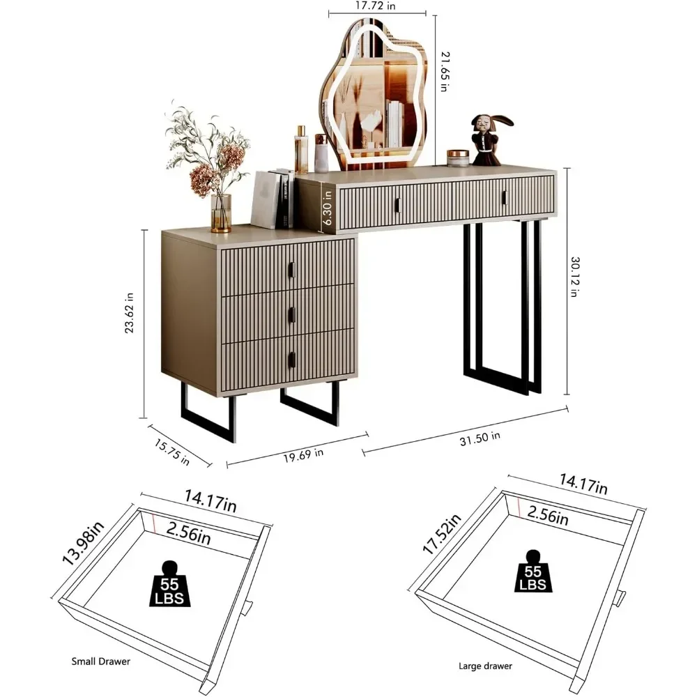 Retractable Dresser With Bedside Table Dressers for Bedroom Illuminated Mirror and 5 Spacious Drawers a Must-have in the Bedroom