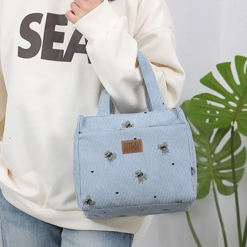 

Cute Corduroy Bear Printed Versatile Handbag Office Worker Lunch Tote Bag