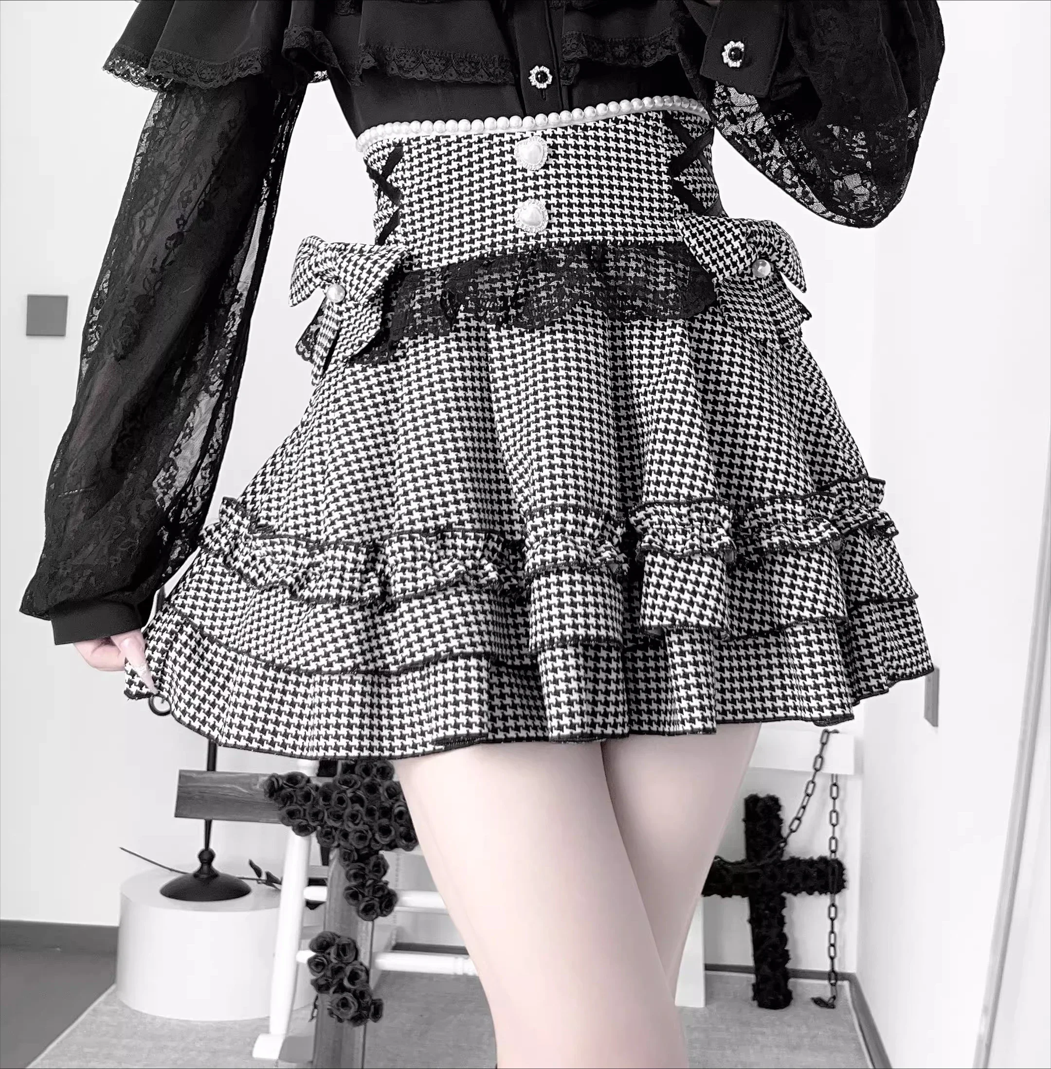 Japanese Mine Mass-produced Pearl Bead Lolita Short Skirts Sweet Girls Women's Lace Spliced Slim A-line Skirts