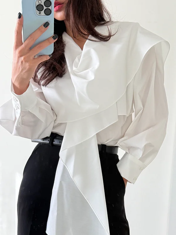 

Korean Sle Loose Long Sve irt Women's Faionable oulder Wrap Bow Tie Casual Top Ele Loose irt for Office