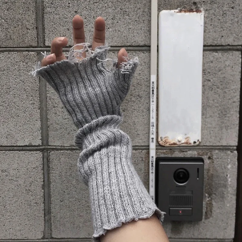 

Harajuku Style Girl Gloves Black Tattered Punk Unisex Fingerless Cuff Knit Women Men Elbow Mittens Broken Arm Warmer Gloves