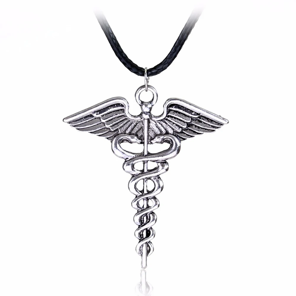 Collar de caduceo clásico para hombre y mujer, colgante de Color plateado antiguo con símbolo de medicina, cadena larga corta, joyería para regalo