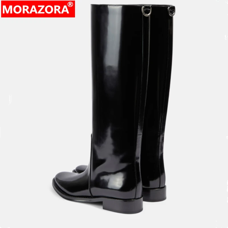 MORAZORA Size 34-43 Brand Patent Genuine Leather Boots Women Pull On Square Mid Heels Knee High Boots Fashion Knight Botas