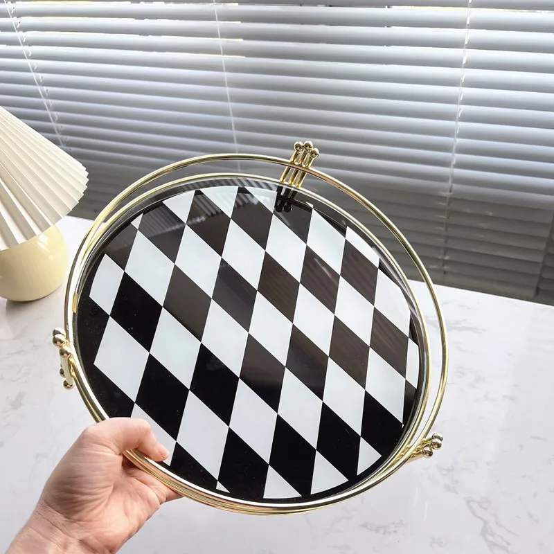 Modern Grass Round Shape Wrought Iron Tray Diamond Black and White Grid Perfume Cosmetic Storage Tea Set Tray Household Products