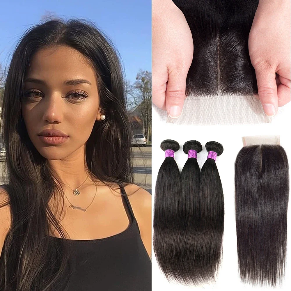 

Berry Hair Brazilian Straight Bundles with Closure Transparent Lace Closure Remy Human Hair Weave Bundles with 4x4 Lace Closure