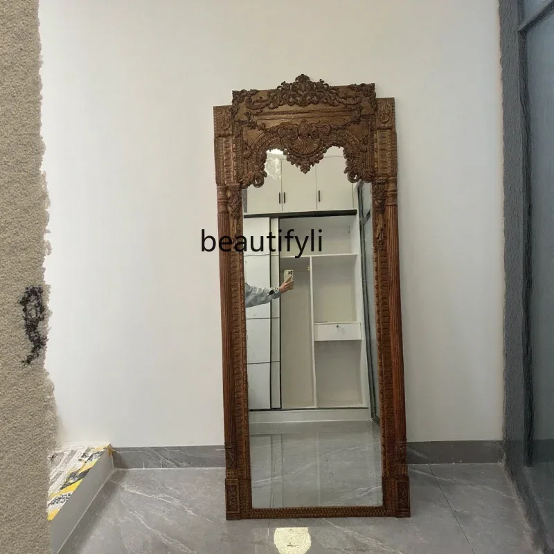 

French retro villa luxury full body mirror home medieval floor mirror American clothing store fitting mirror Yhb