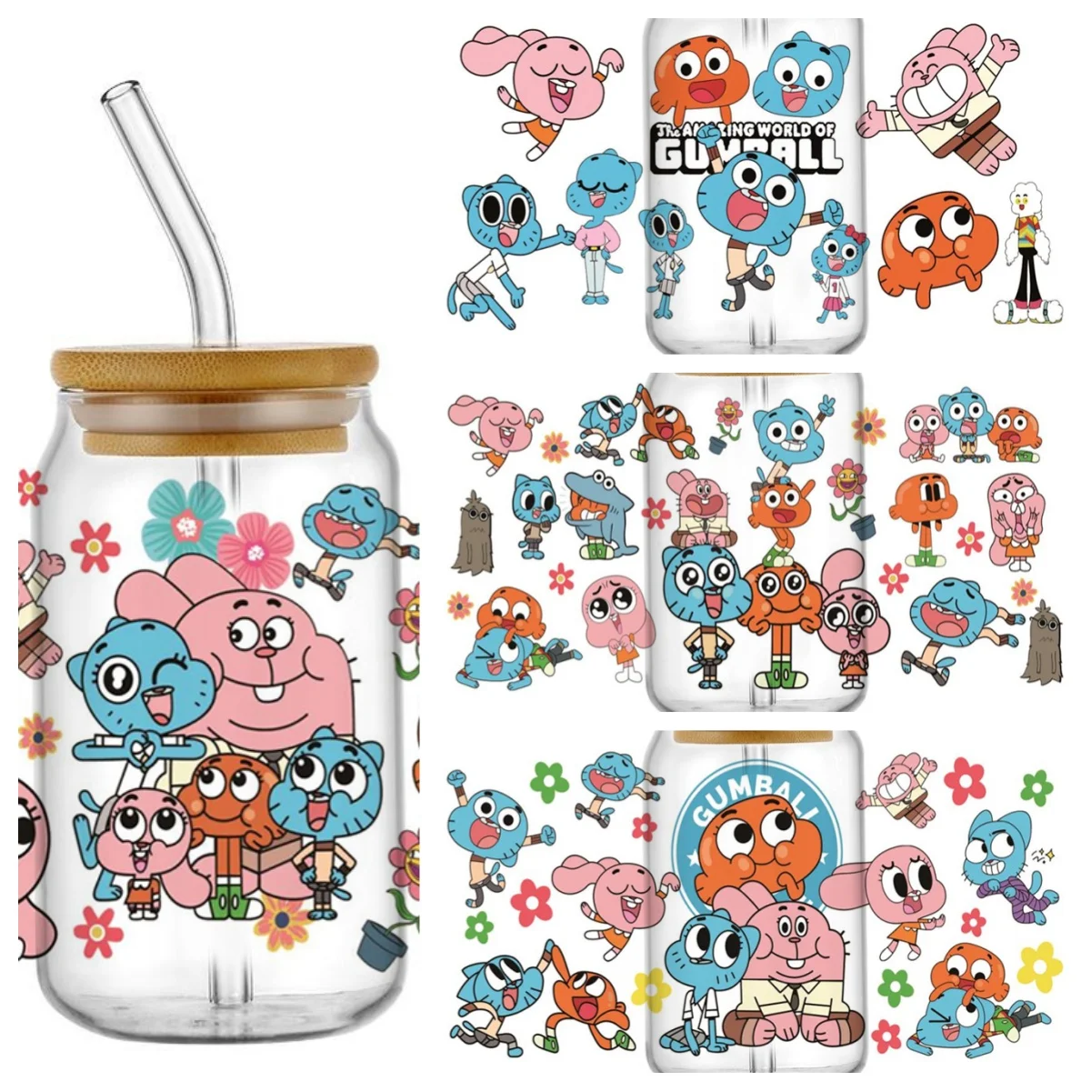 

New Design Cartoon Blue Cat Family UV DTF Cup Wrap Blue Cat & Friends Decal Transfer Sticker for 16oz Libbey Glass Tumble