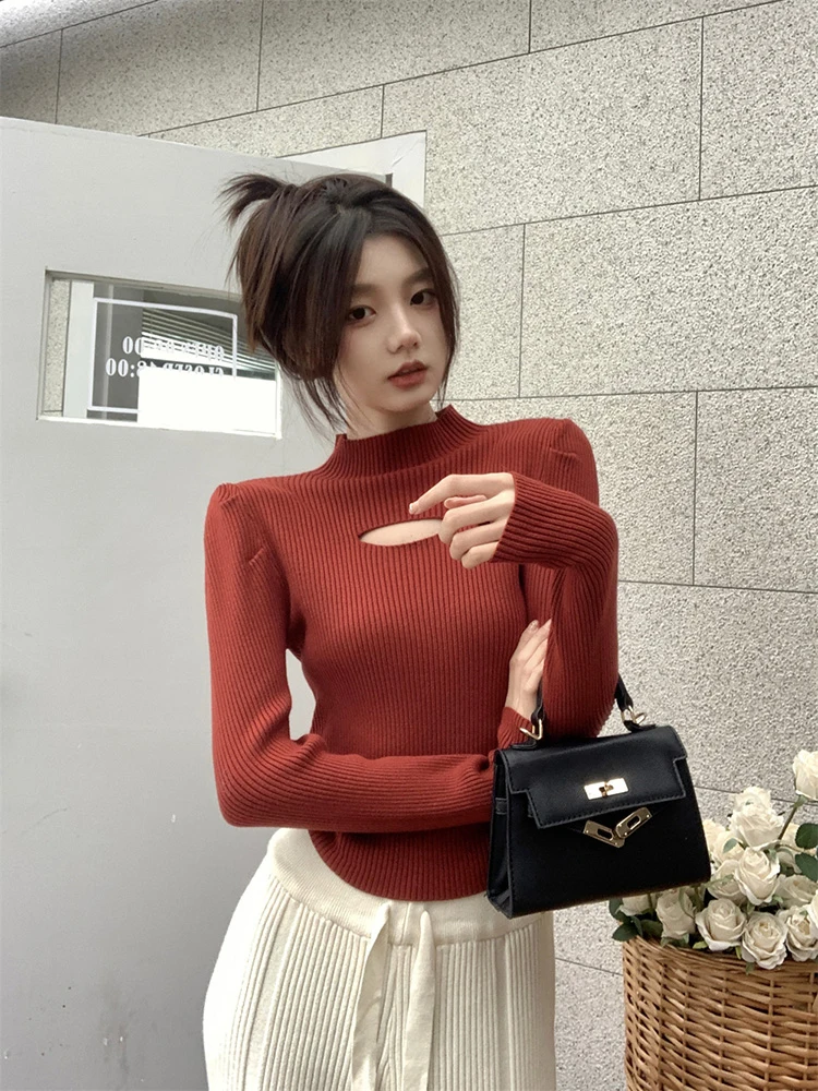 Pull tricoté à col haut pour femme, rouge ajouré, coupe cintrée, vêtements intérieurs pour automne et hiver, Busin décontracté