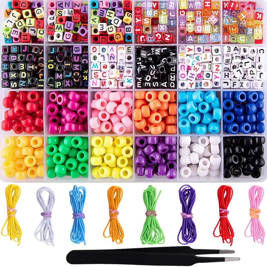 1000 Pieces Bracelet Making Beads ABC Beads Pony Beads Letter Alphabet Beads with 8 Rolls Colorful Elastic Bracelet String for J