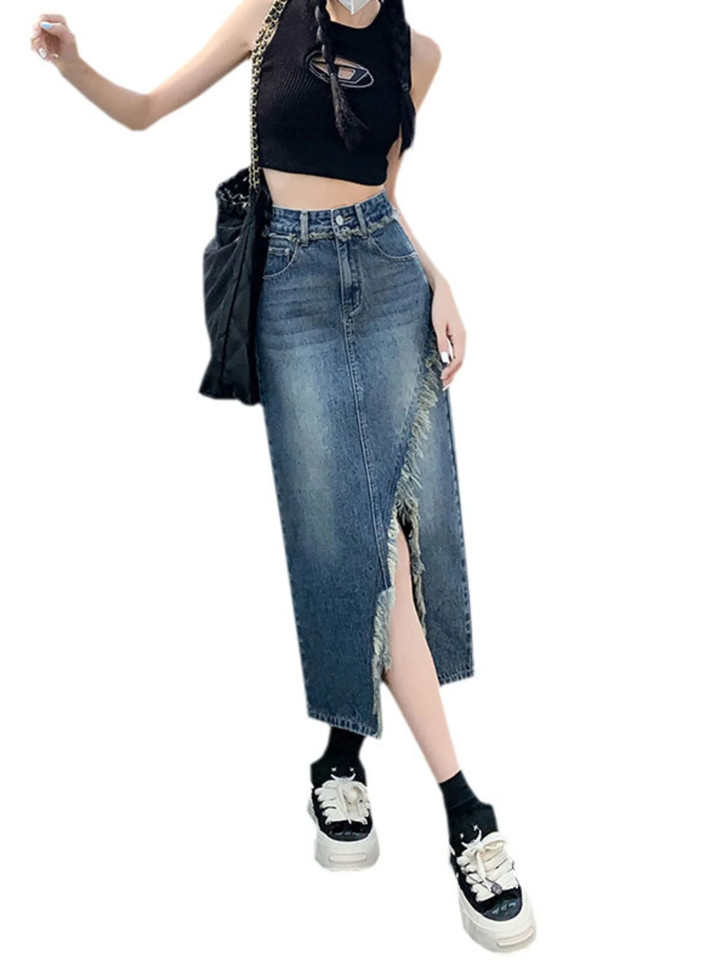 Women's High Waist Denim Skirt A-Line Midi Skirt High Slit Raw Hem Distressed Vintage Jean Skort Y2K Streetwear view 4
