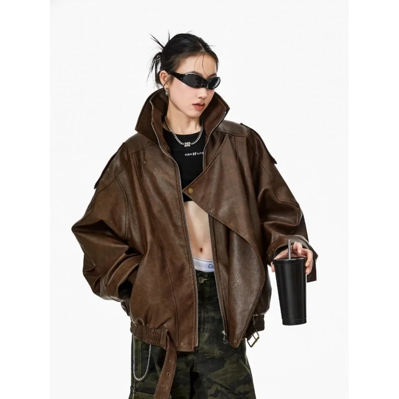 

Faux Pu Leather Coats Women Solid Jackets Zipper Pocket Half High Collar Long Sleeves Loose Casual Streetwear 2025 Spring Autumn