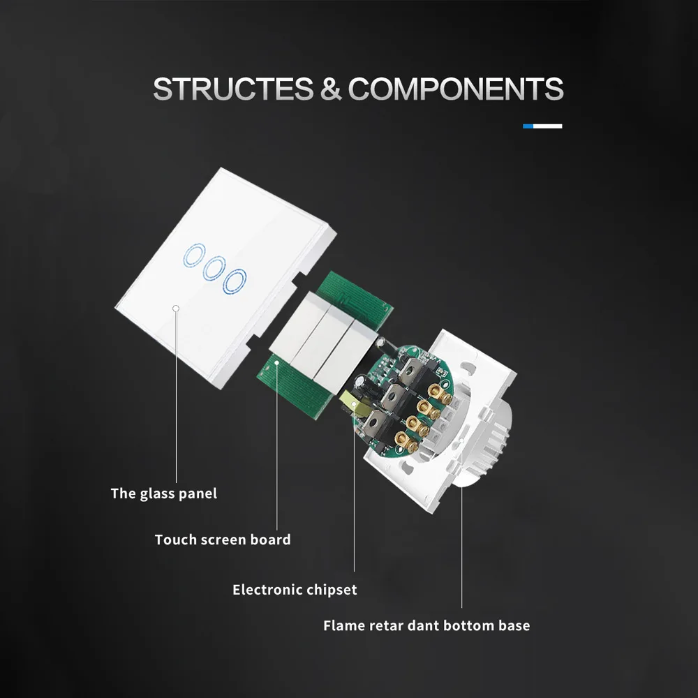 EU 터치 벽 스위치 1 2 3 갱 RF433 433MHz 무선 제어 스위치 강화 유리 110 220 240V AC