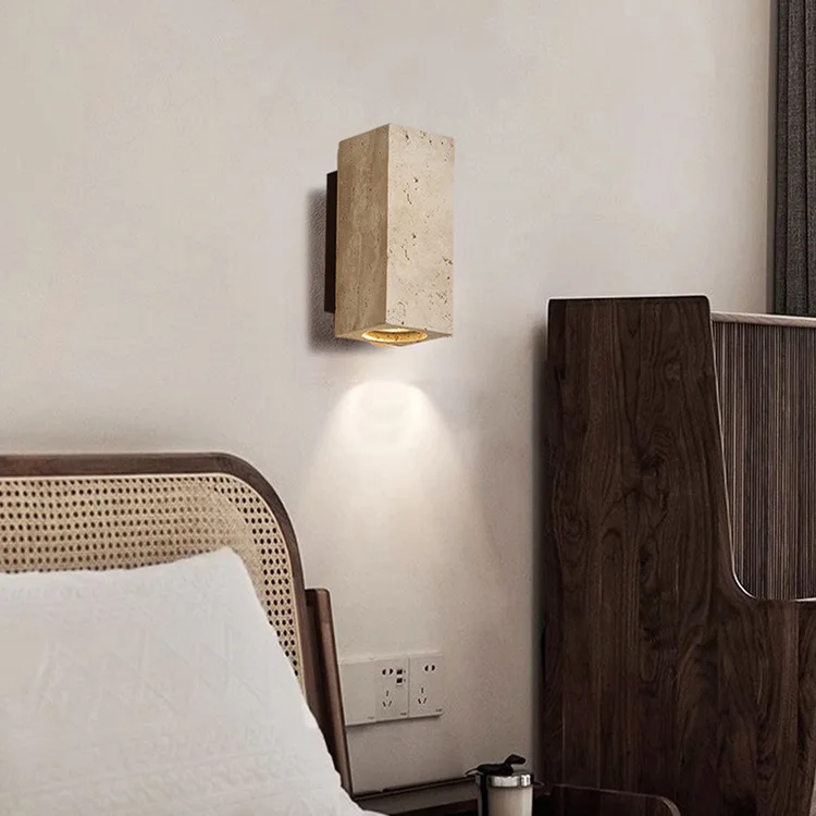 

Nordic Wabi Sabi Yellow Travertine & Wood Wall Light Minimalist Vintage Lamp for Living Room Bedroom Stair Home Decor
