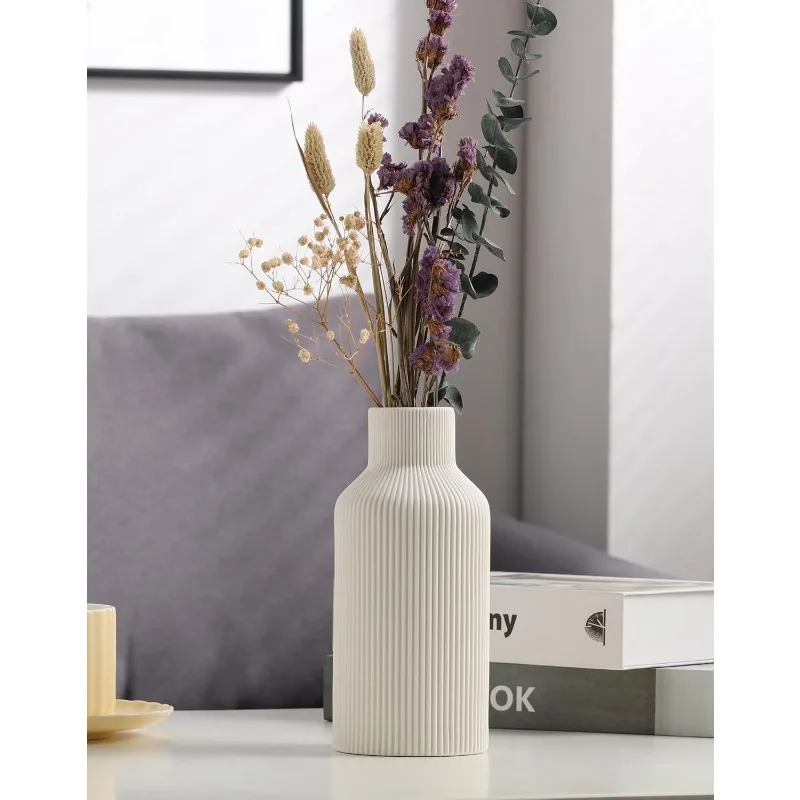 White Ceramic Flower Vase, Minimalist Modern Home Decor, Small Pampas Grass Vases for Table, Shelf Bookshelf, Mantel, (8 in)