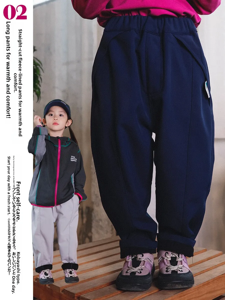 Waterproof Children's Thermal Fleece Pants Casual Long Trousers Pure Color Girls Autumn Winter Warm Polyester Fiber Pants
