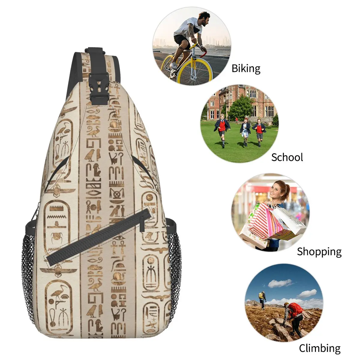 Egyptian Hieroglyphs Crossbody Sling Bag Small Chest Bag Eastern Language Shoulder Backpack Daypack for Travel Hiking Cycling