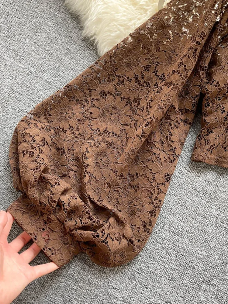 Autumn Black/White/Brown Sexy Lace Blouse Women Elegant V-Neck Puff Long Sleeve Open Back Short Tops Female Party Blusas 2025