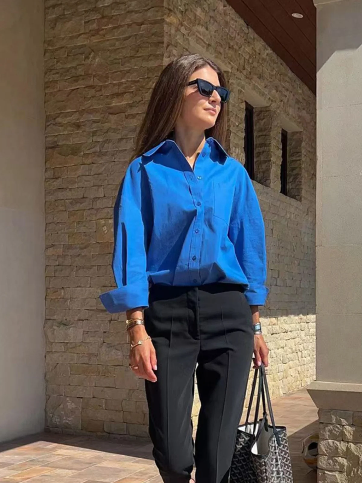 

Klein Blue Women's Casual Long Sleeve Shirt Inner Wear Street Style Collar Loose Fit Button Detail Other Material