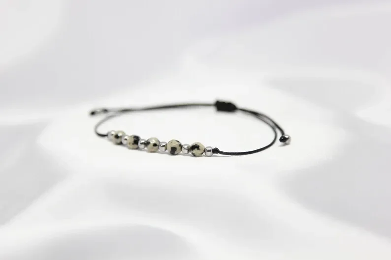 Women's Faceted Dalmatian Jasper Crystal Beaded Adjustable Cord Bracelet Exquisite Gemstones