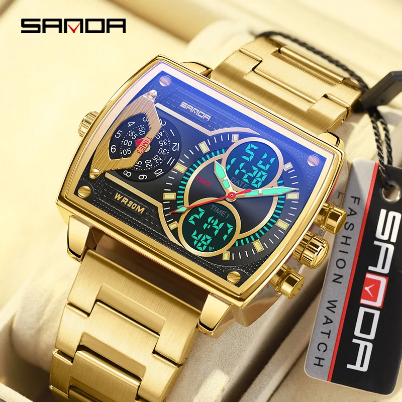 Fashion Sanda Top Brand 6032 Square Sports Multi Functional Student 3 Time Zones Electronic Skull Men\'s Waterproof Wrist Watches