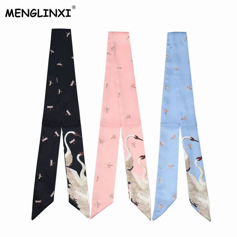 Bag Scarf 2024 New Brand Letter Small Silk Scarf For Women Red-crowned Crane Print Head Scarf Handle Bag Ribbons Long Scarves