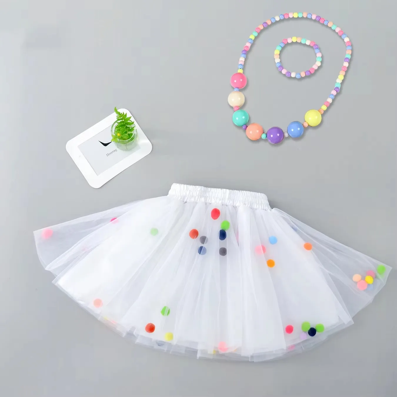 Baby's Colorful Pom-pom Decor Mesh Skirt Set Lovely Elastic Waist Skirt & Bracelet &Necklace Infant & Toddler Gir's Clothing