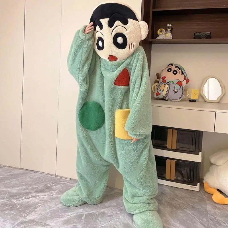 Anime Crayon Shin Chan Jumpsuit Pajamas Winter Couple Hooded Plush Loungewear Thickened Warm Men's and Women's Cosplay Clothes