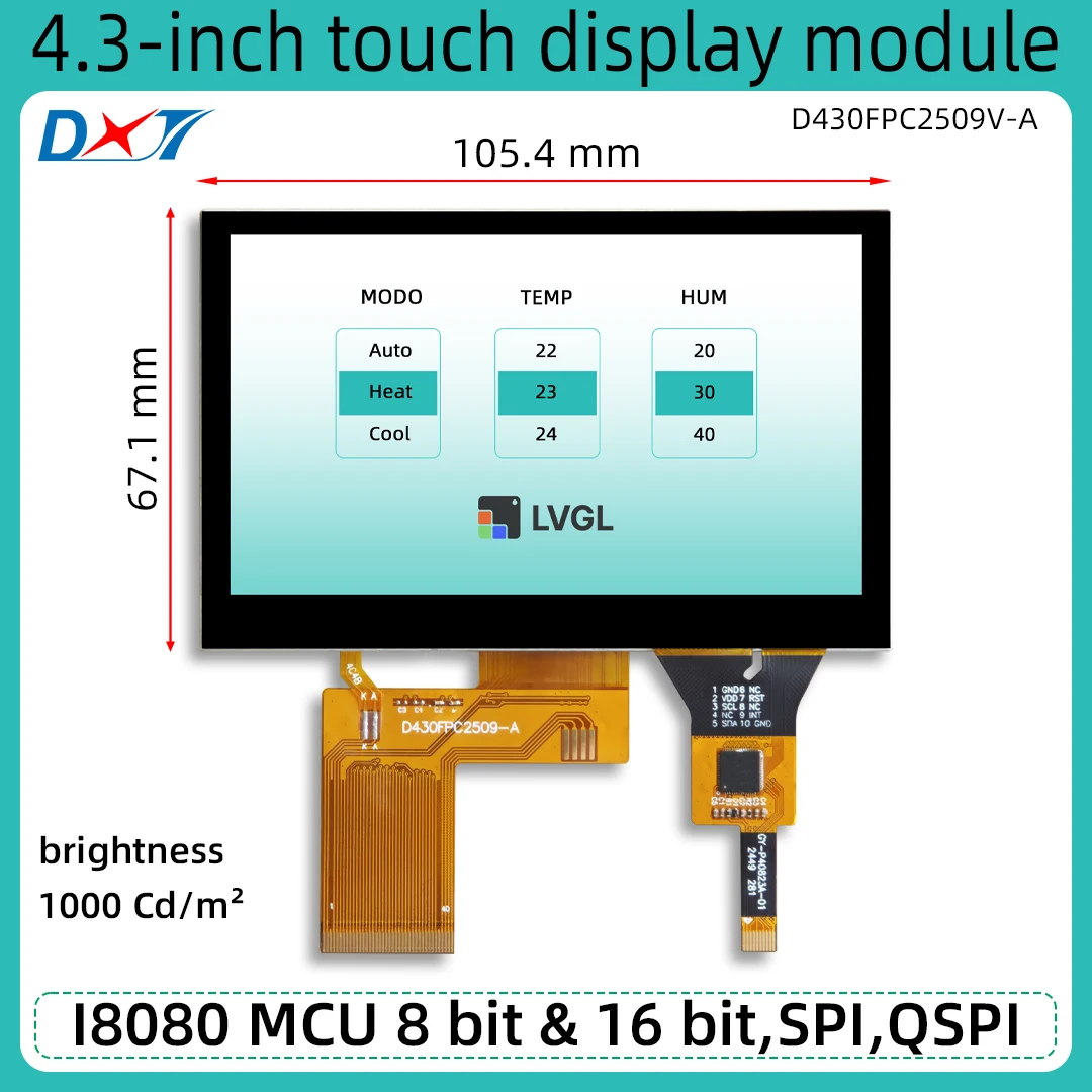 

4.3-inch touch display module supports MCU SPI QSPI interface 1000 high brightness STM32 easy drive TFT LCD FT5446U