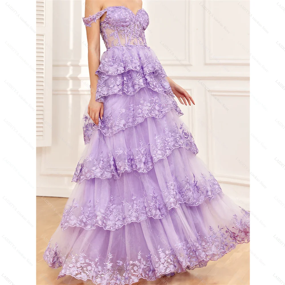 Vestidos de noite lavanda elegante fora do ombro apliques a linha vestidos de baile chique em camadas plissado até o chão vestidos de festa