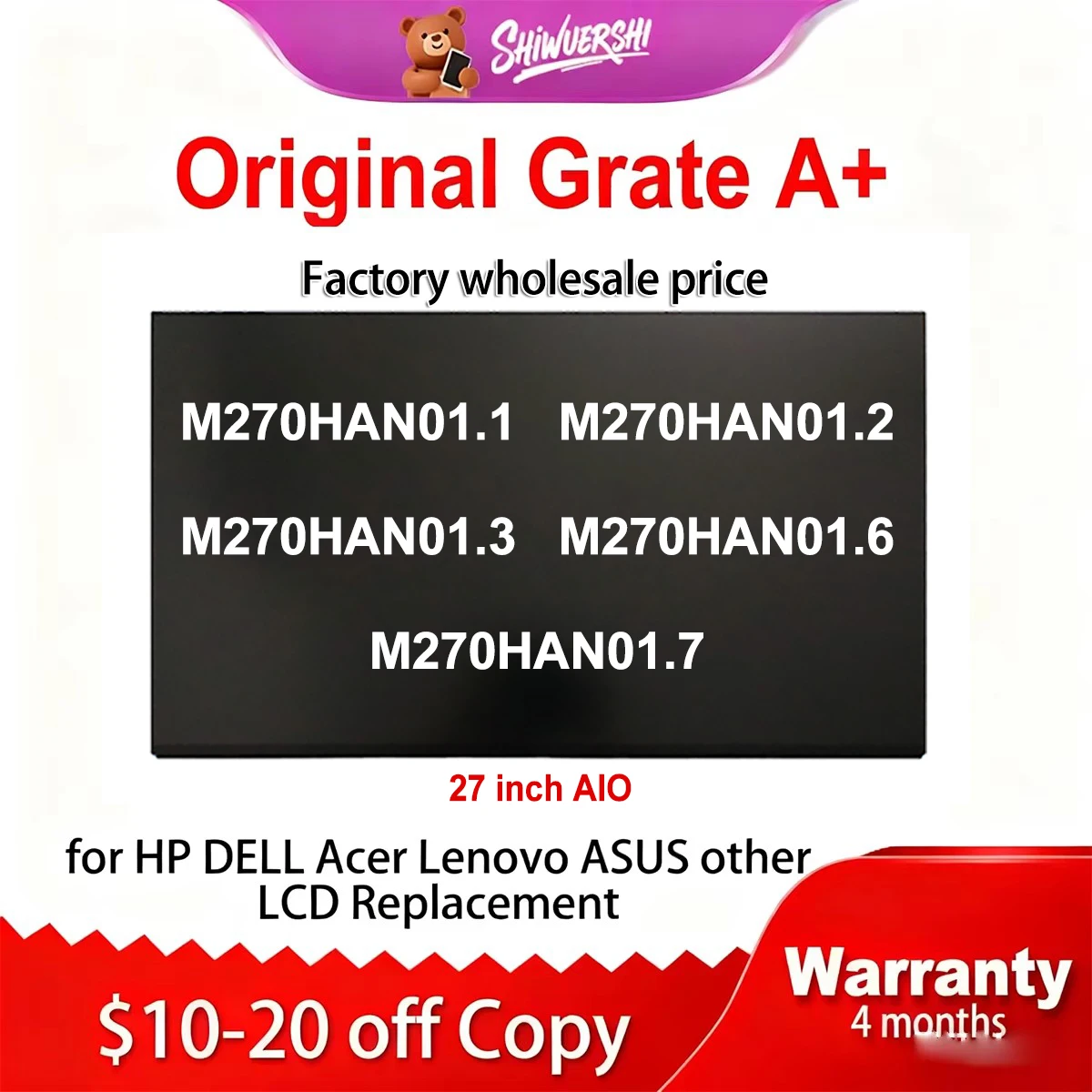 

Original New 27" Lcd Screen M270HAN01.1 M270HAN01.2 M270HAN01.3 M270HAN01.6 M270HAN01.7 Display 1920*1080P 75Hz 30 pins Replacem