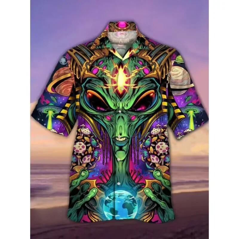 2024 Summer New Men's Shirts 3D Printed Horror Pattern Hawaiian Fashion Tops Cuban Collar Lapel Shirts