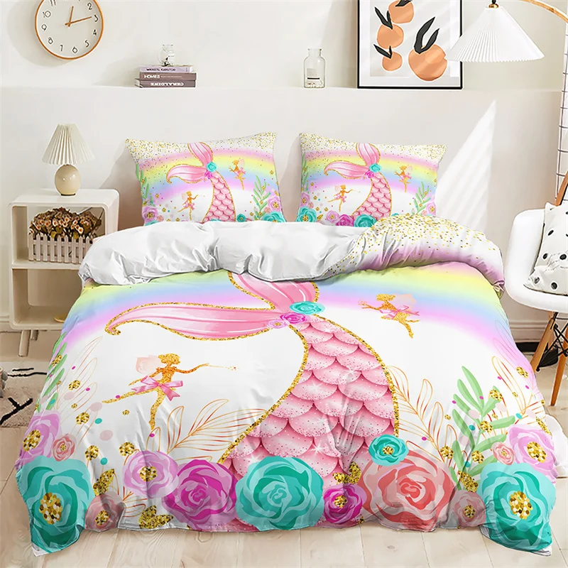 Home Textile Luxury 3D Mermaid Tail Print 2/3Pcs Kids Duvet Cover Pillowcase Bedding Set Single Queen and King AU/EU/US Size