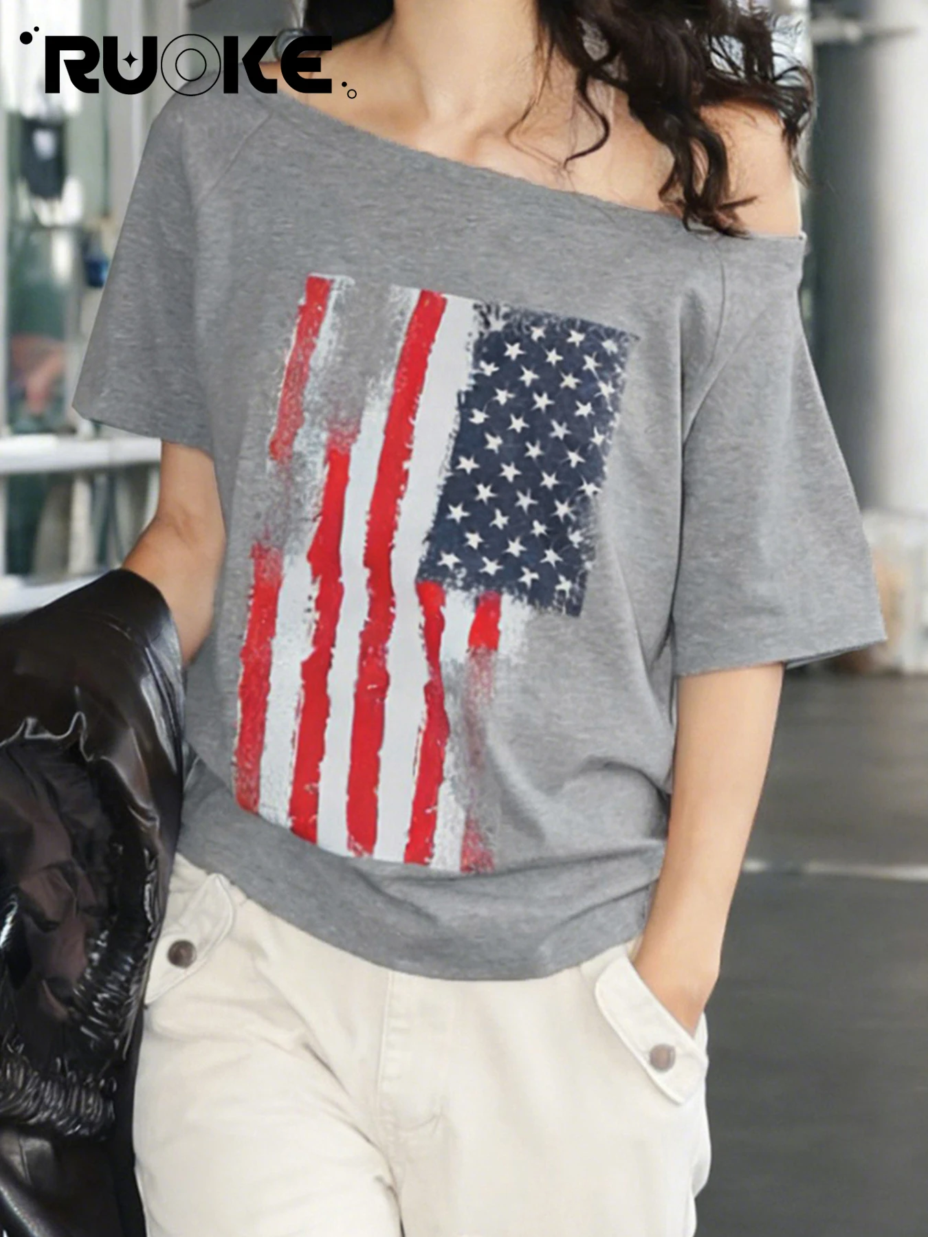 [RUOKE] Streetwear Flag Print Off Shoulder Loose T-shirt Women Casual Travel Tops Holiday Daily Short Sleeve Tees Spring Summer