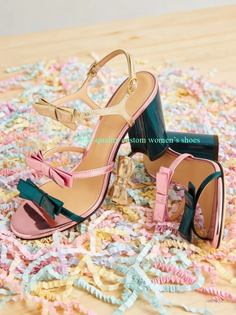 

Pink And Blue Color-Blocked Version Bow Decoration Square-toe Ankle Buckle High Heels Banquet Sandals Luxury Women's Shoes
