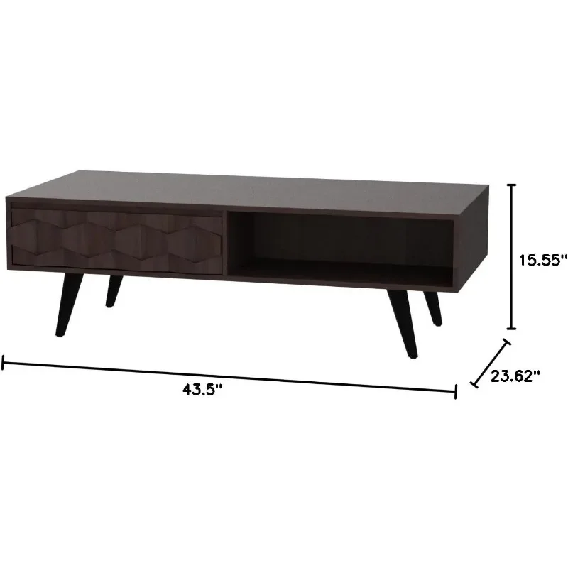 SolidWood Tables MidCentury Modern with 2Symmetrical Storage Drawers，GeometricDetails, FullyAssembled CoffeeTable for LivingRoom