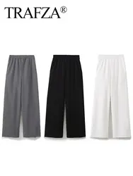 TRAFZA 2024 Women Fashion Side Hem Zipper Pant Elastic Waist Casual Wide Leg Pants Vintage Solid Basics Pant Streetwear