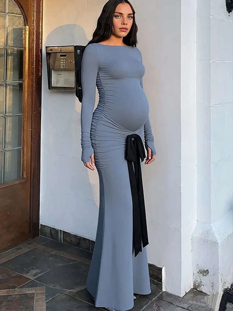 elegant-maternity-photo-dress-long-sleeve-ruched-ribbon-mermaid-maxi-gown-pregnancy-photoshoot-baby-shower-maternity-dress