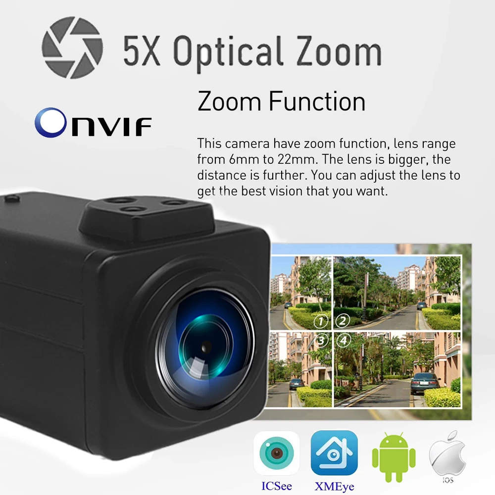 

Mini Box Camera Zoom 5x Motorized Vari-Focal Smart Webcam IP Face Detection Motion Detec Icsee Xmeye Cctv Video Surveillance