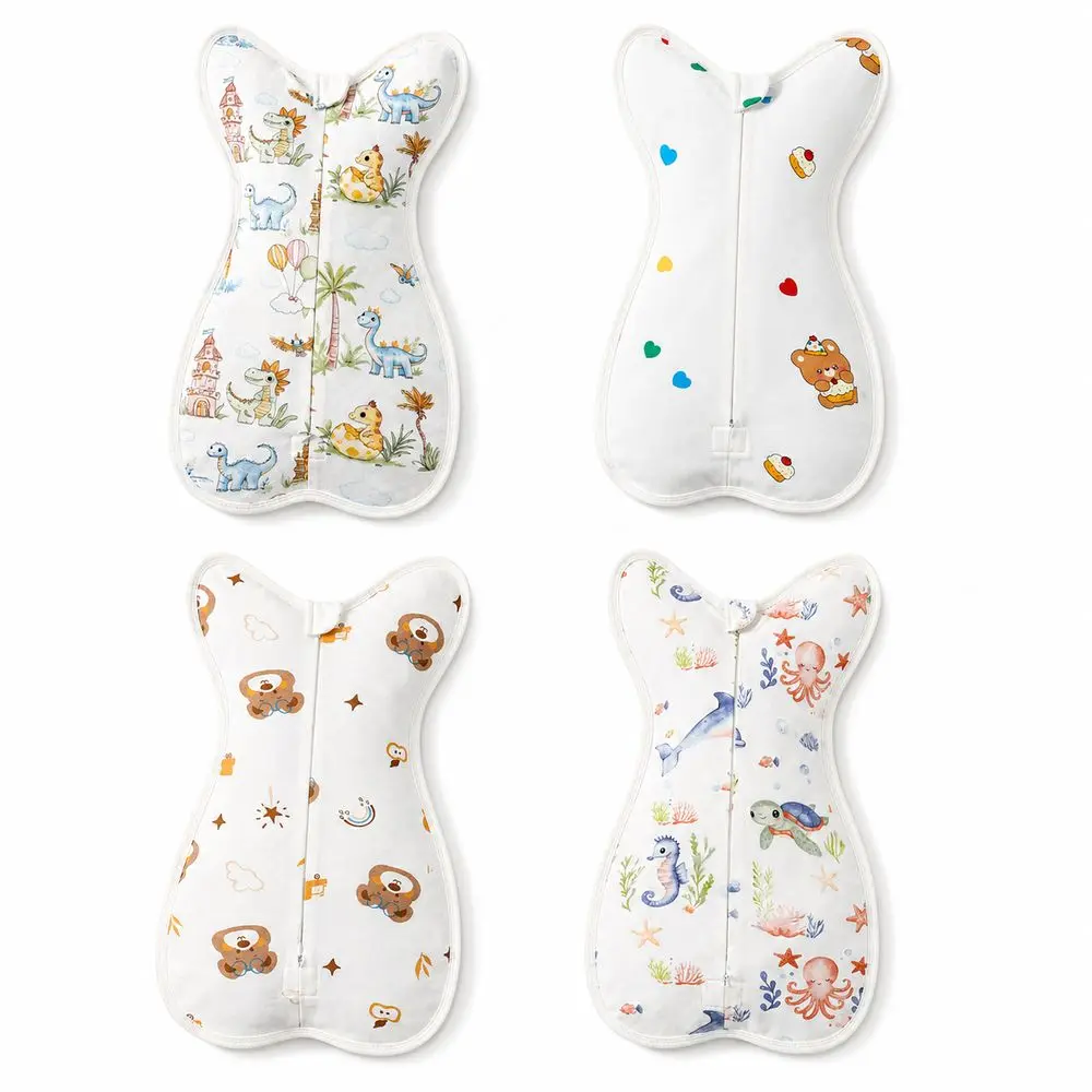 Cotton Baby Swaddle Blanket Zipper Closure Printed Pattern Newborn Sleep Sack Anti Startle Arms Up Shape Baby Sleeping Bag