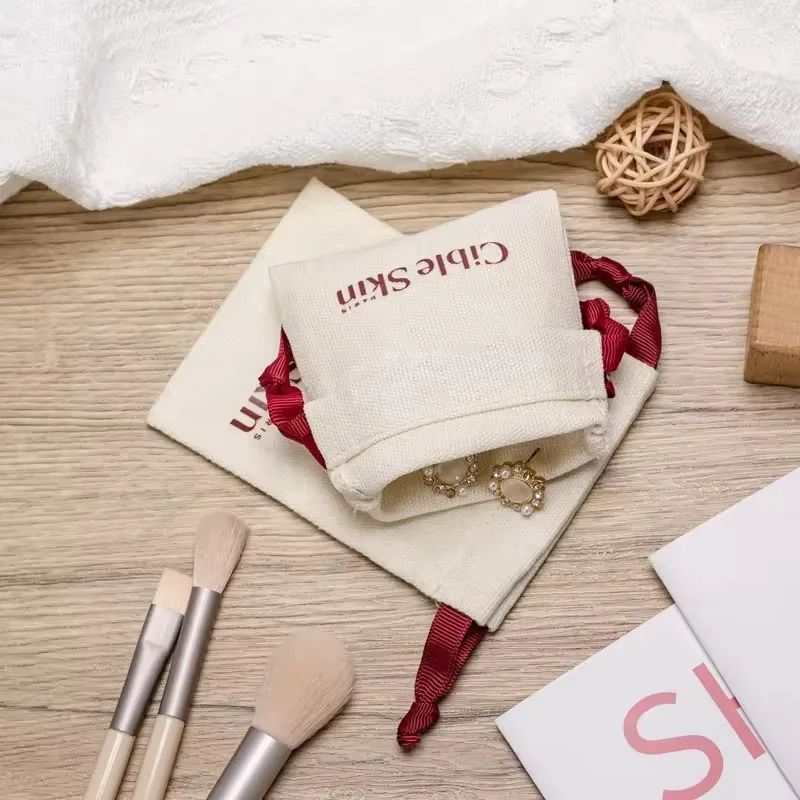 Custom Logo Natural Canvas Cotton Bag Double String Drawstring Bag  Ring Packaging Bags Wedding Party bag