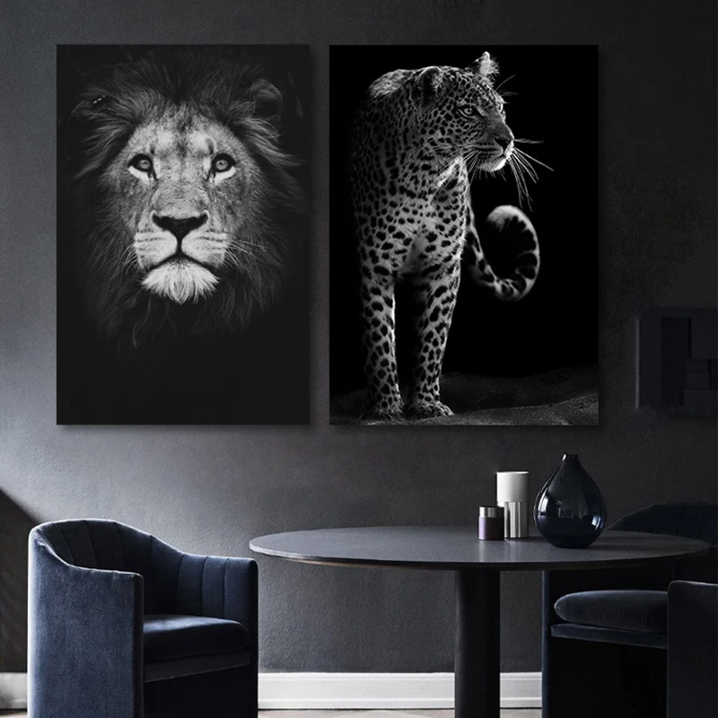 

Modern Black White Wildlife Animal Canvas Painting Lion Leopard Zebra Poster Living Room Bedroom Wall Art Home Decor Picture