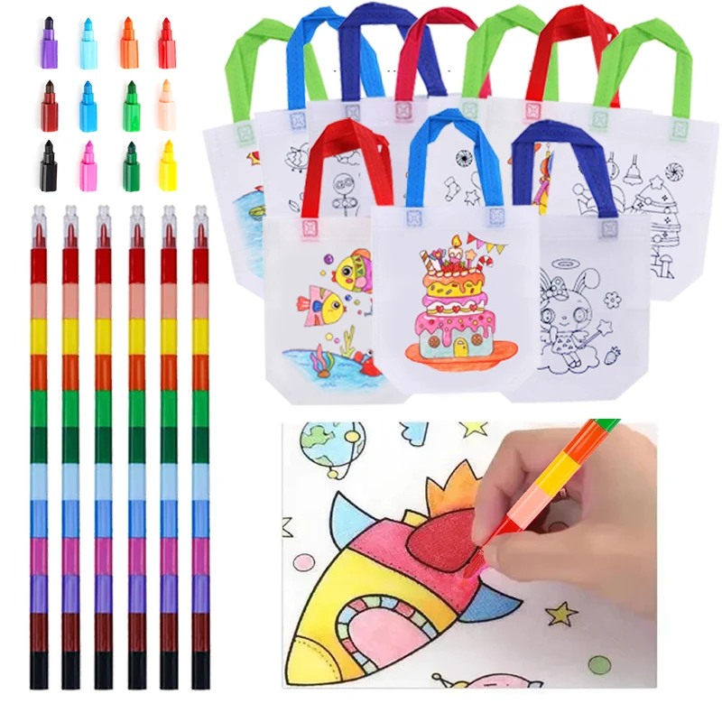 DIY Colored Graffiti Bags Crayons Painting Handbag Non-woven Children Drawing Toys Color Cognition Painting Material TMZ