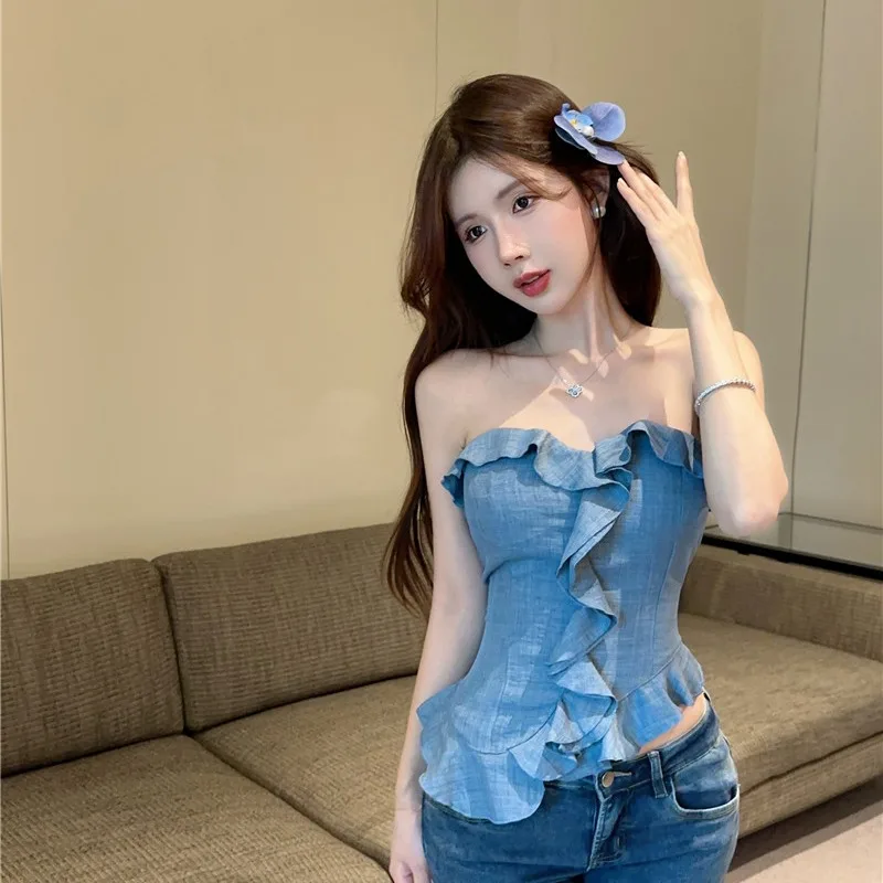 سترة نسائية كلاسيكية أمريكية بحمالات لصيف 2025 بتصميم جديد تنورة مقوسة مع وسادة صدر سترة فتاة حارة بطول ort #5