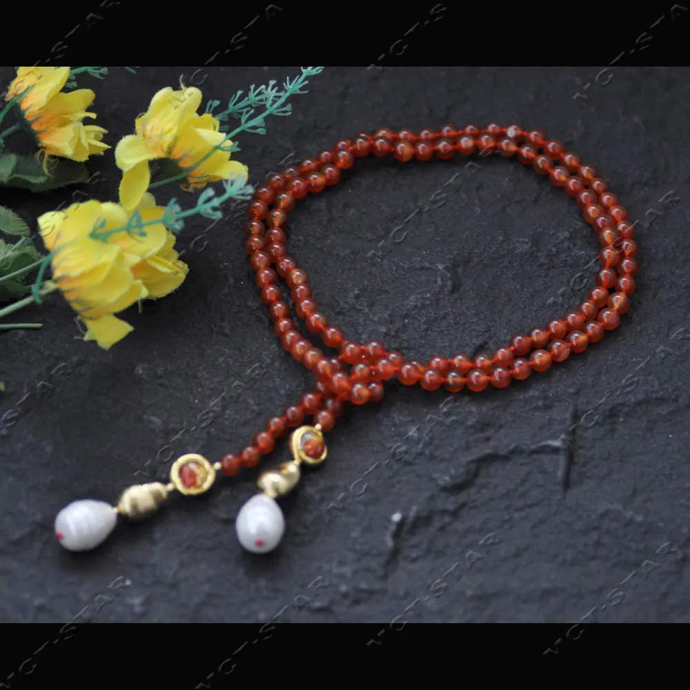 MTC·STAR 44'' 22mm Natural Red Round Agate Necklace Golden Gourd Flame Coloured Glaze Shell Pearl Pendant (Z14506)