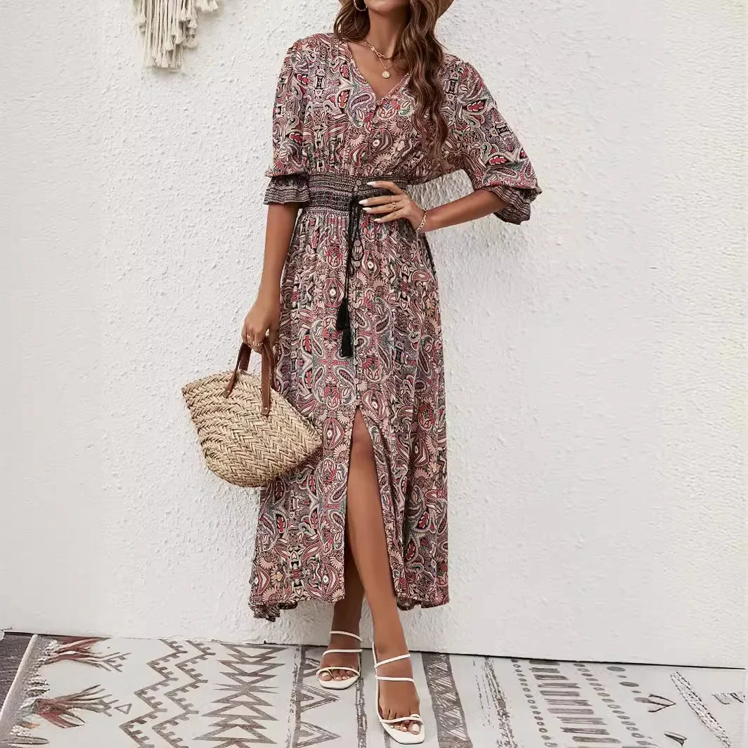 Women's Clothing 2023 Spring And Autumn Seven-Quarter Sleeve Tunic Bohemian Dress Resort Style Beach Skirt