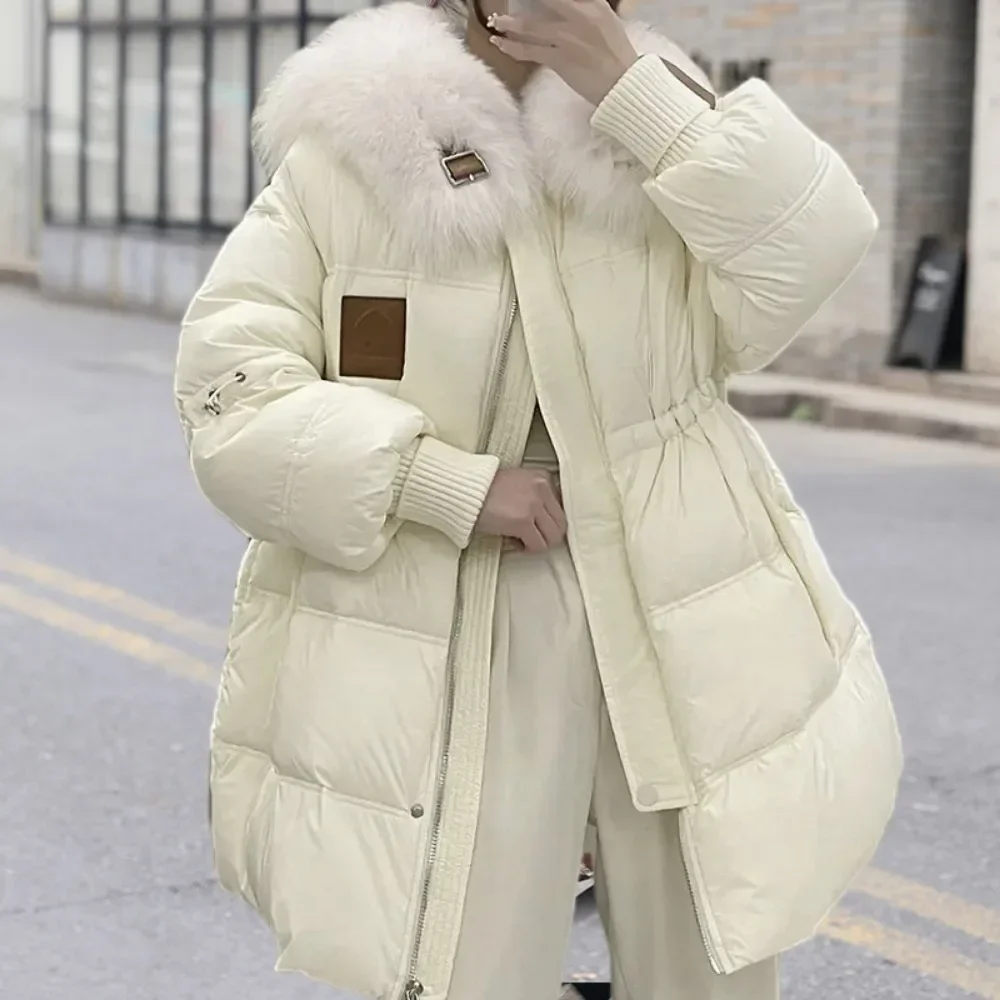 White Goose Down Coats Ladies Real Fox Fur Jacket 2024 New Women Winter Down Jackets Female Loose Warm Outerwear